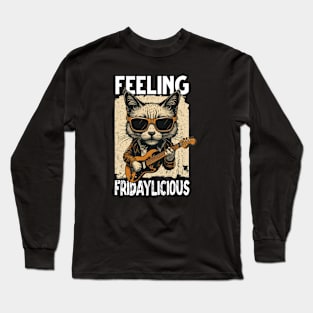 Rock Cat Playing Guitar feeling fridaylicious Funny Meme Tee Long Sleeve T-Shirt